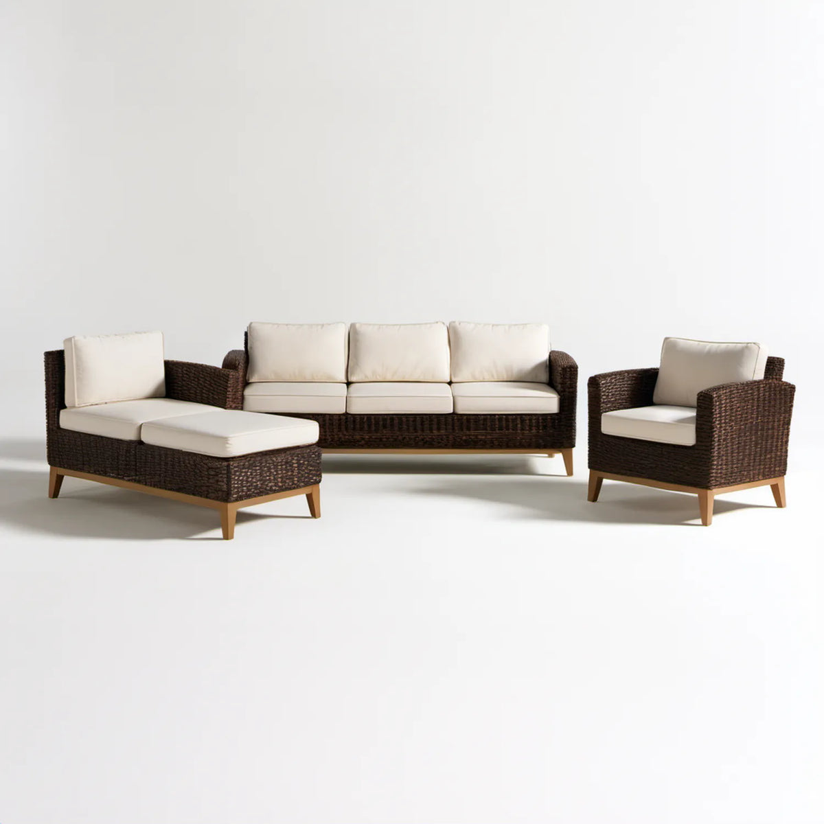 3-częściowy zestaw wypoczynkowy z technorattanu, ciemnobrązowy/kremowy/naturalny brąz – sofa 210 × 80 × 80 cm, leżanka 150 × 80 × 80 cm, fotel 85 × 80 × 80 cm