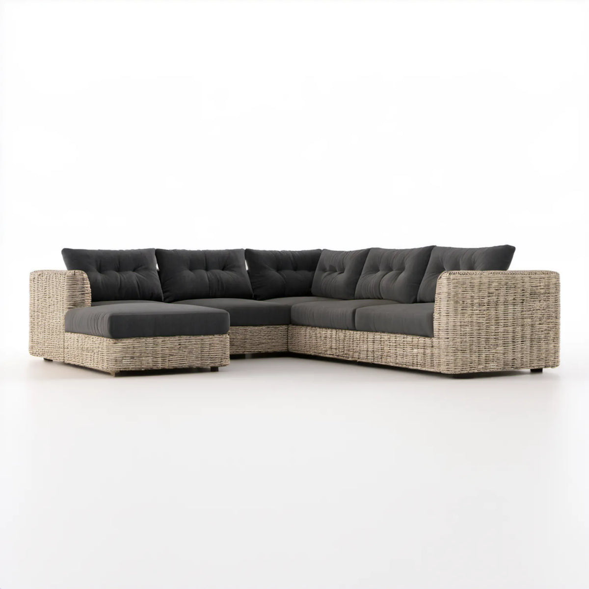 Narożna sofa ogrodowa z leżanką po lewej stronie, technorattan beżowy i ciemnoszare poduszki, 280 x 210 x 85 cm