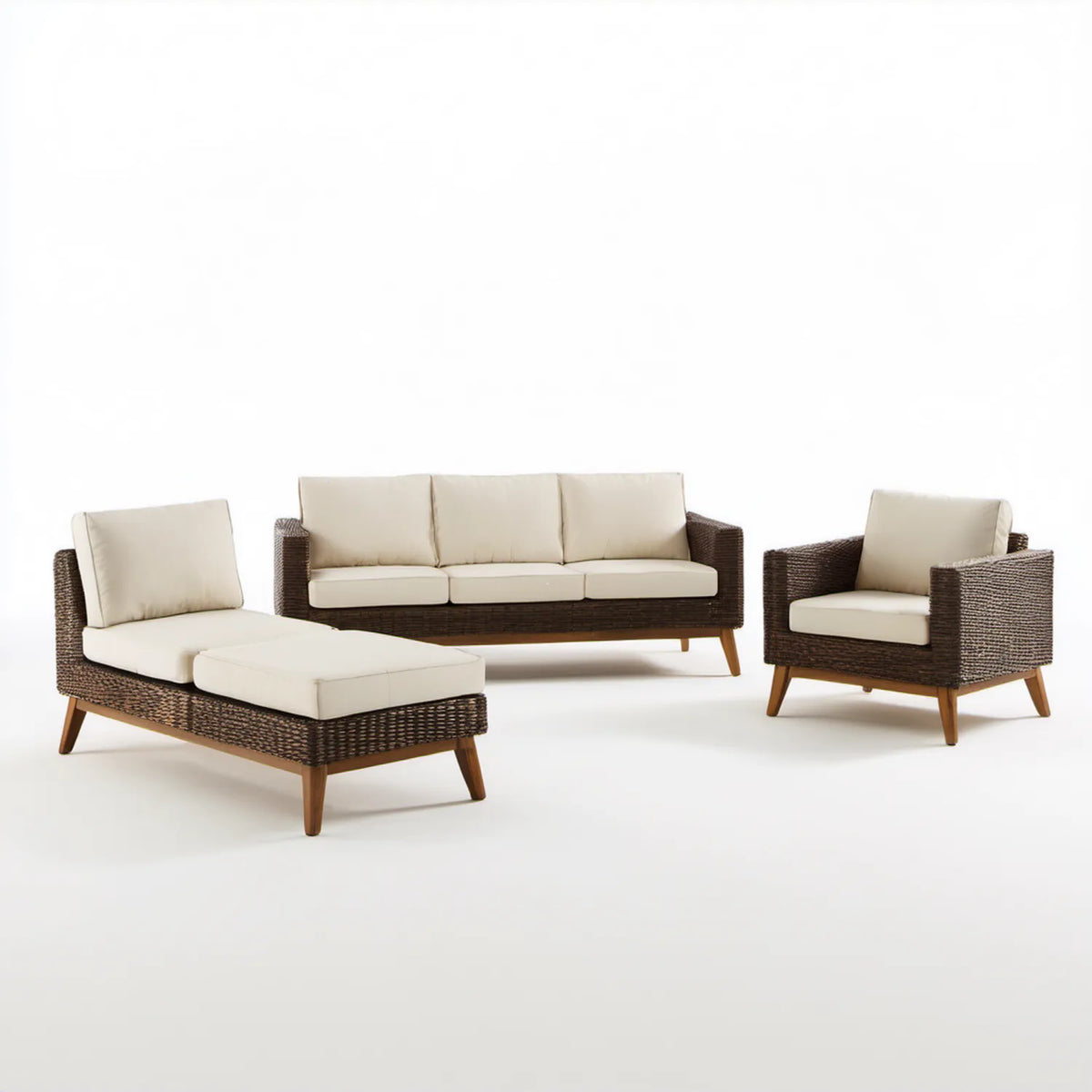 Ogrodowy zestaw wypoczynkowy z technorattanu, ciemnobrązowy/kremowy, sofa 205 x 80 x 78 cm, fotel i leżanka