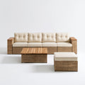 Ogrodowy komplet wypoczynkowy z technorattanu PE, sofa 4-osobowa, stolik i pufa, naturalny brąz/kremowy, 280 × 80 × 85 cm