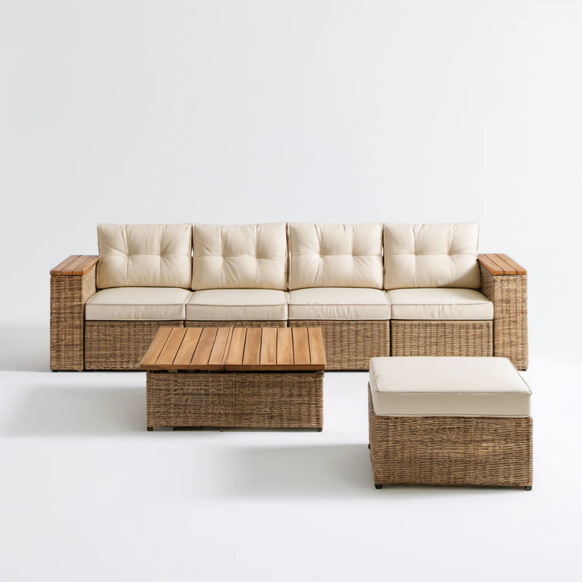 Ogrodowy komplet wypoczynkowy z technorattanu PE, sofa 4-osobowa, stolik i pufa, naturalny brąz/kremowy, 280 × 80 × 85 cm