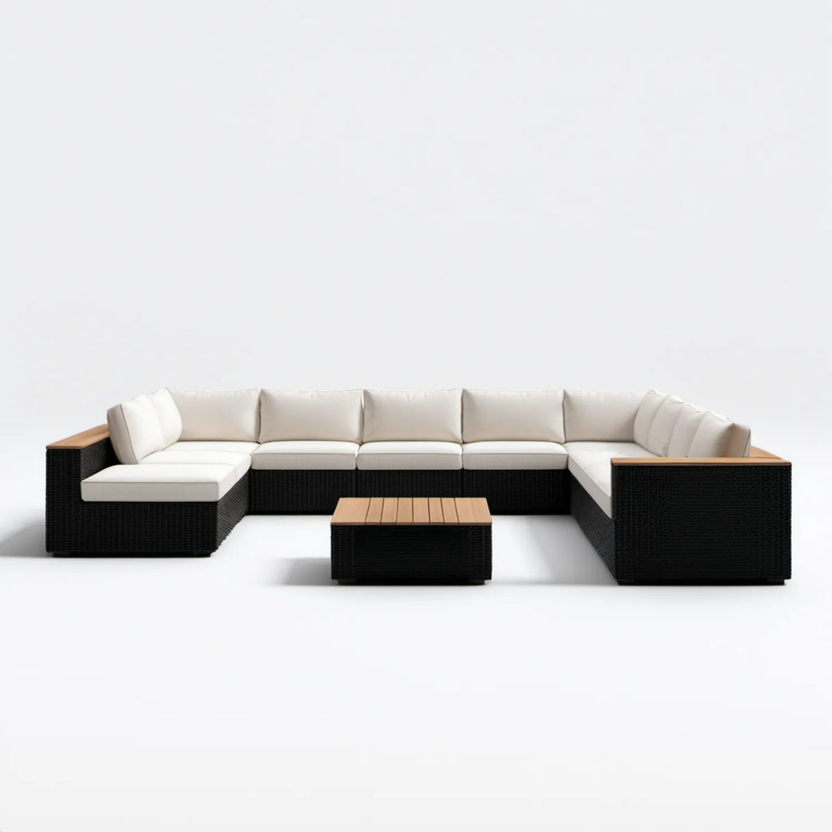 Modułowy zestaw wypoczynkowy ogrodowy w kształcie U z technorattanu, czarny z kremowymi poduszkami, 320 × 230 × 85 cm